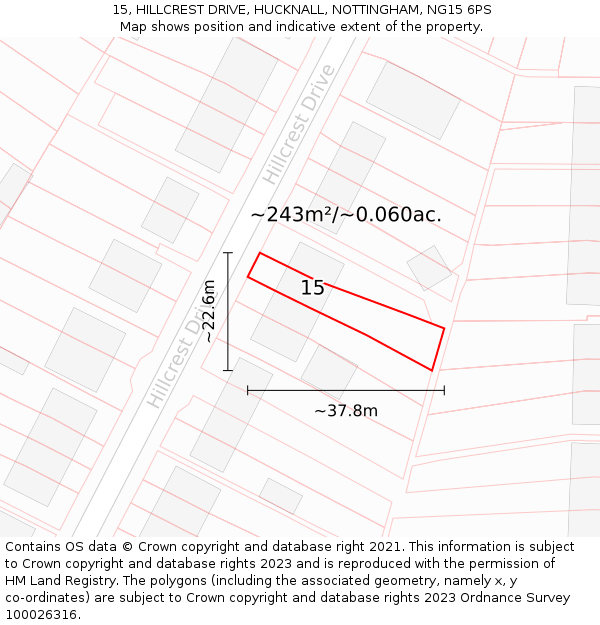 15, HILLCREST DRIVE, HUCKNALL, NOTTINGHAM, NG15 6PS: Plot and title map