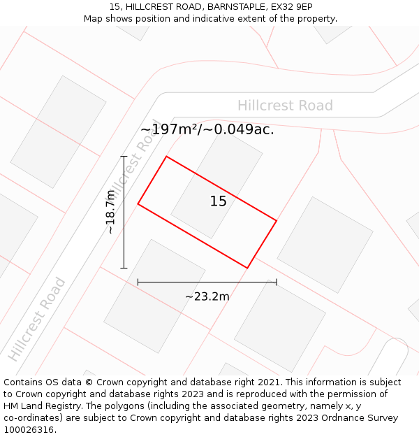 15, HILLCREST ROAD, BARNSTAPLE, EX32 9EP: Plot and title map