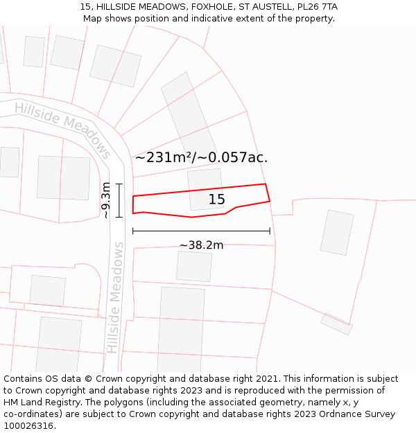15, HILLSIDE MEADOWS, FOXHOLE, ST AUSTELL, PL26 7TA: Plot and title map