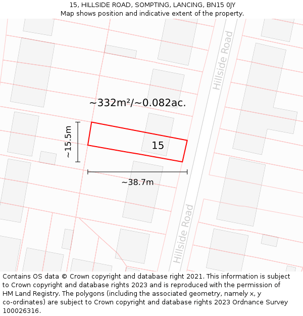 15, HILLSIDE ROAD, SOMPTING, LANCING, BN15 0JY: Plot and title map