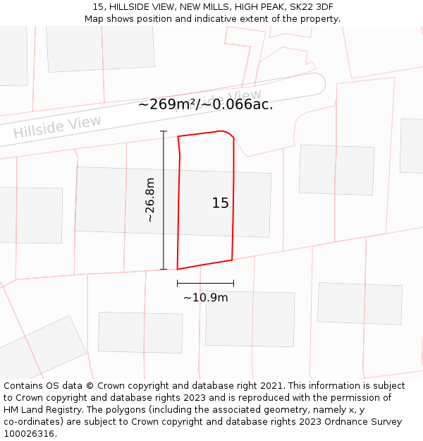 15, HILLSIDE VIEW, NEW MILLS, HIGH PEAK, SK22 3DF: Plot and title map