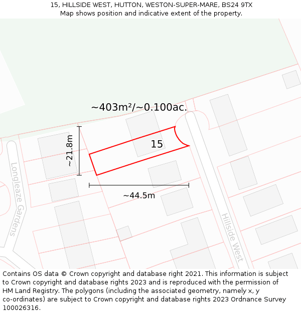 15, HILLSIDE WEST, HUTTON, WESTON-SUPER-MARE, BS24 9TX: Plot and title map