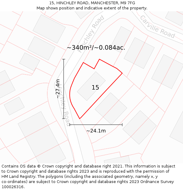 15, HINCHLEY ROAD, MANCHESTER, M9 7FG: Plot and title map
