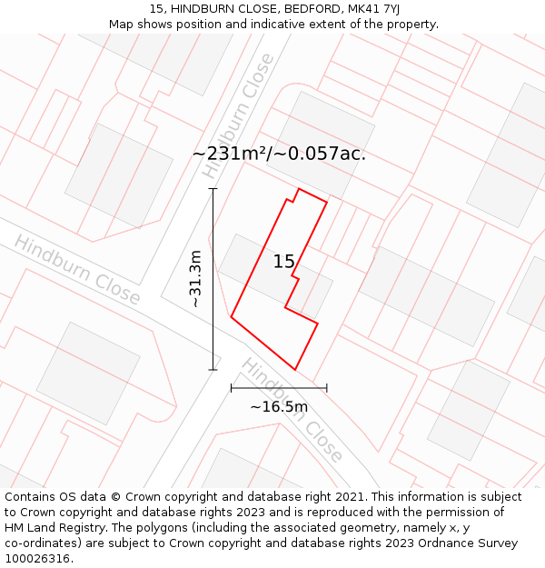 15, HINDBURN CLOSE, BEDFORD, MK41 7YJ: Plot and title map