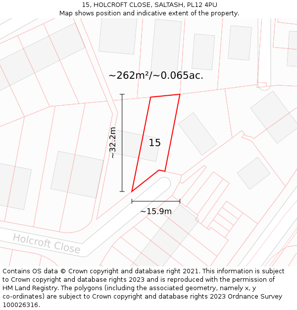 15, HOLCROFT CLOSE, SALTASH, PL12 4PU: Plot and title map
