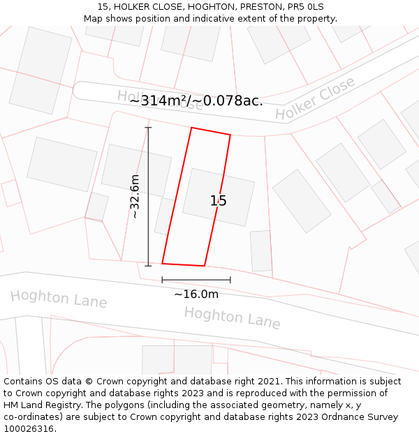15, HOLKER CLOSE, HOGHTON, PRESTON, PR5 0LS: Plot and title map