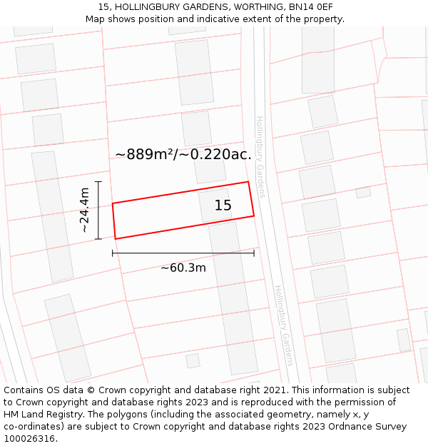15, HOLLINGBURY GARDENS, WORTHING, BN14 0EF: Plot and title map
