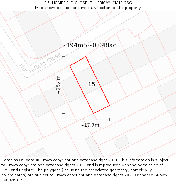 15, HOMEFIELD CLOSE, BILLERICAY, CM11 2SG: Plot and title map
