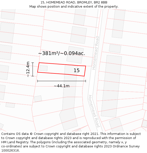 15, HOMEMEAD ROAD, BROMLEY, BR2 8BB: Plot and title map