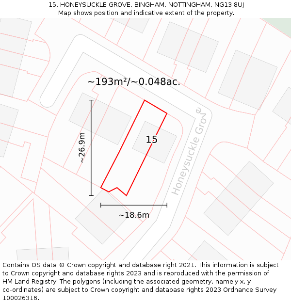 15, HONEYSUCKLE GROVE, BINGHAM, NOTTINGHAM, NG13 8UJ: Plot and title map