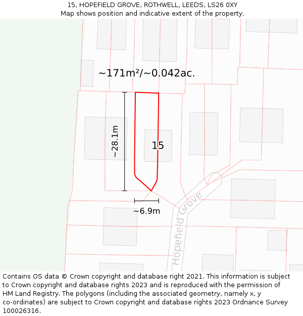 15, HOPEFIELD GROVE, ROTHWELL, LEEDS, LS26 0XY: Plot and title map
