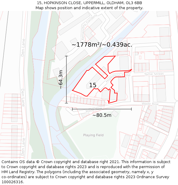 15, HOPKINSON CLOSE, UPPERMILL, OLDHAM, OL3 6BB: Plot and title map