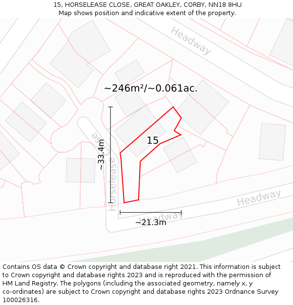 15, HORSELEASE CLOSE, GREAT OAKLEY, CORBY, NN18 8HU: Plot and title map