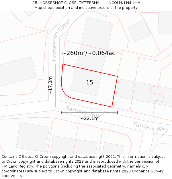 15, HORSESHOE CLOSE, TATTERSHALL, LINCOLN, LN4 4HA: Plot and title map