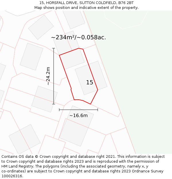 15, HORSFALL DRIVE, SUTTON COLDFIELD, B76 2BT: Plot and title map