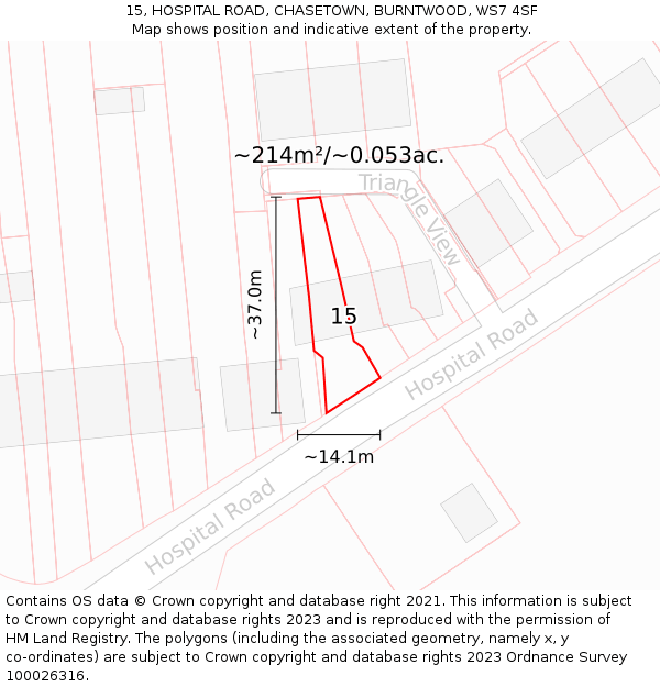 15, HOSPITAL ROAD, CHASETOWN, BURNTWOOD, WS7 4SF: Plot and title map