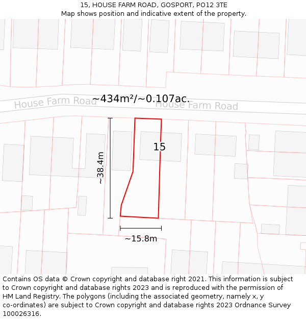 15, HOUSE FARM ROAD, GOSPORT, PO12 3TE: Plot and title map