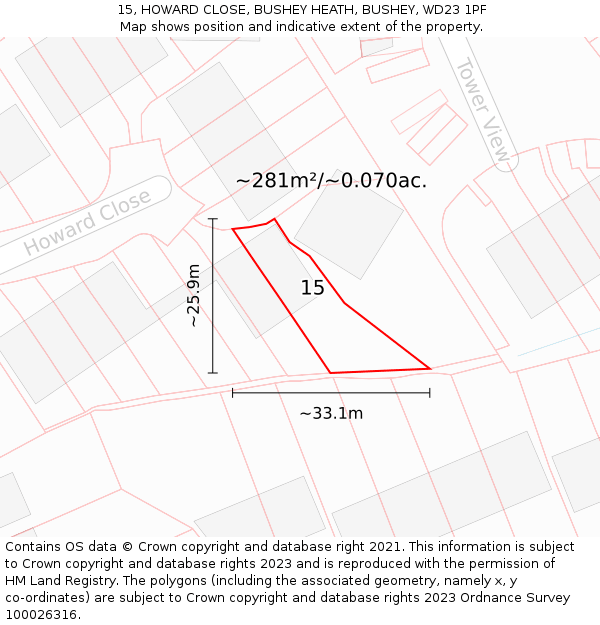 15, HOWARD CLOSE, BUSHEY HEATH, BUSHEY, WD23 1PF: Plot and title map