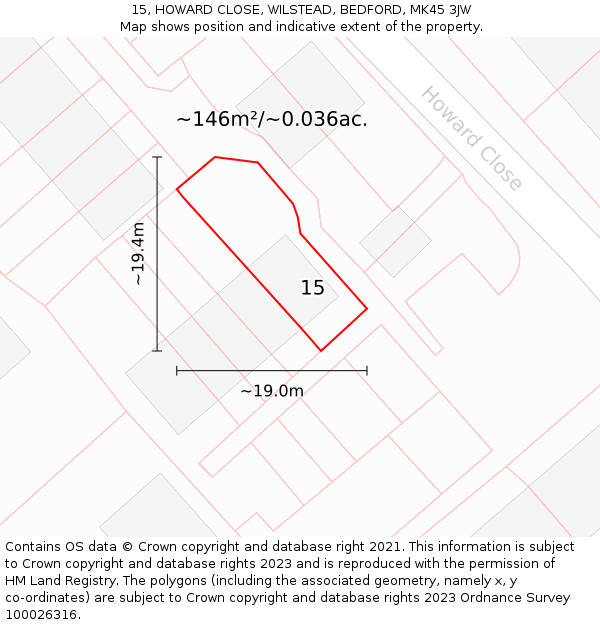 15, HOWARD CLOSE, WILSTEAD, BEDFORD, MK45 3JW: Plot and title map