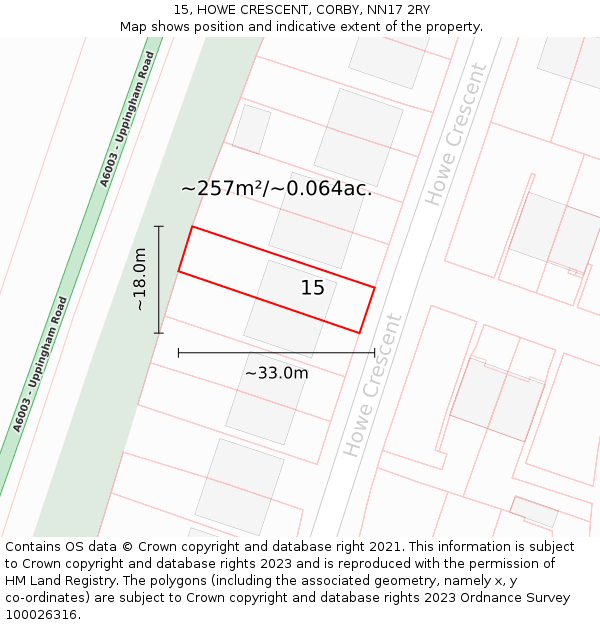 15, HOWE CRESCENT, CORBY, NN17 2RY: Plot and title map