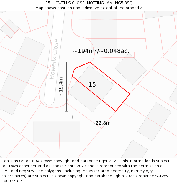 15, HOWELLS CLOSE, NOTTINGHAM, NG5 8SQ: Plot and title map