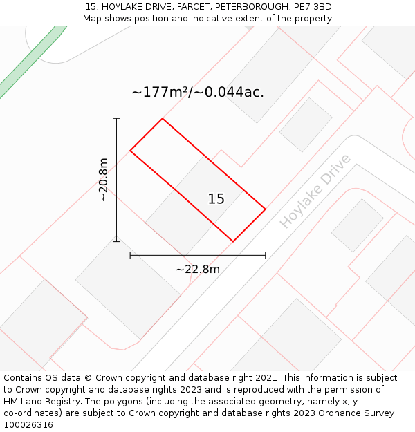 15, HOYLAKE DRIVE, FARCET, PETERBOROUGH, PE7 3BD: Plot and title map