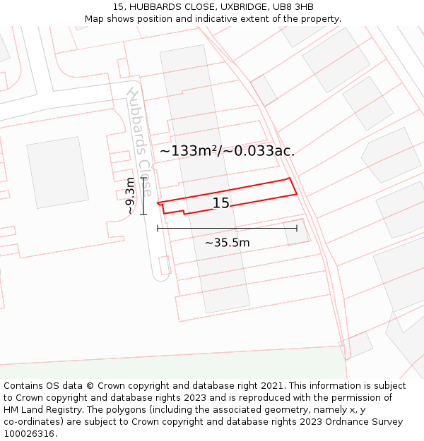 15, HUBBARDS CLOSE, UXBRIDGE, UB8 3HB: Plot and title map