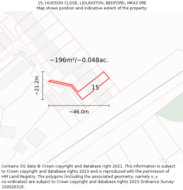 15, HUDSON CLOSE, LIDLINGTON, BEDFORD, MK43 0RE: Plot and title map