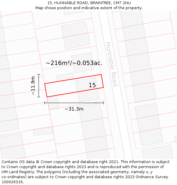 15, HUNNABLE ROAD, BRAINTREE, CM7 2NU: Plot and title map