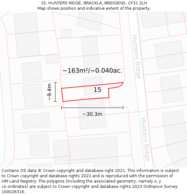 15, HUNTERS RIDGE, BRACKLA, BRIDGEND, CF31 2LH: Plot and title map