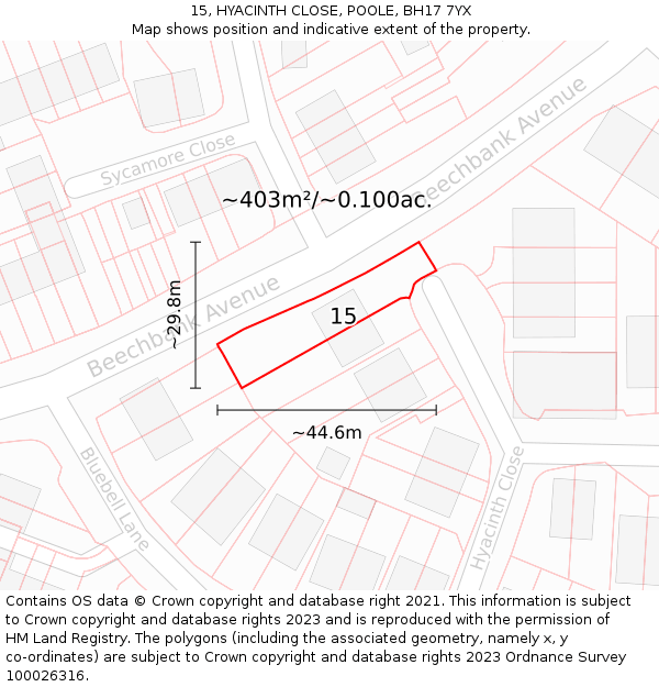 15, HYACINTH CLOSE, POOLE, BH17 7YX: Plot and title map