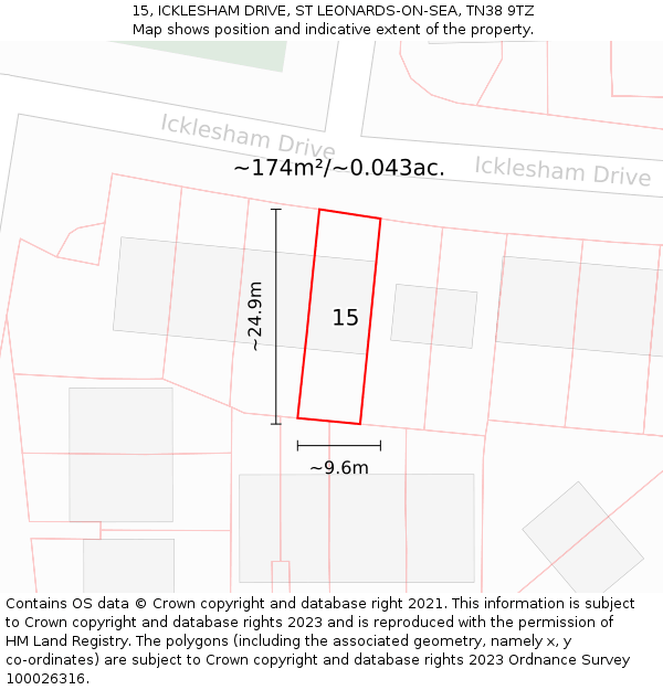 15, ICKLESHAM DRIVE, ST LEONARDS-ON-SEA, TN38 9TZ: Plot and title map