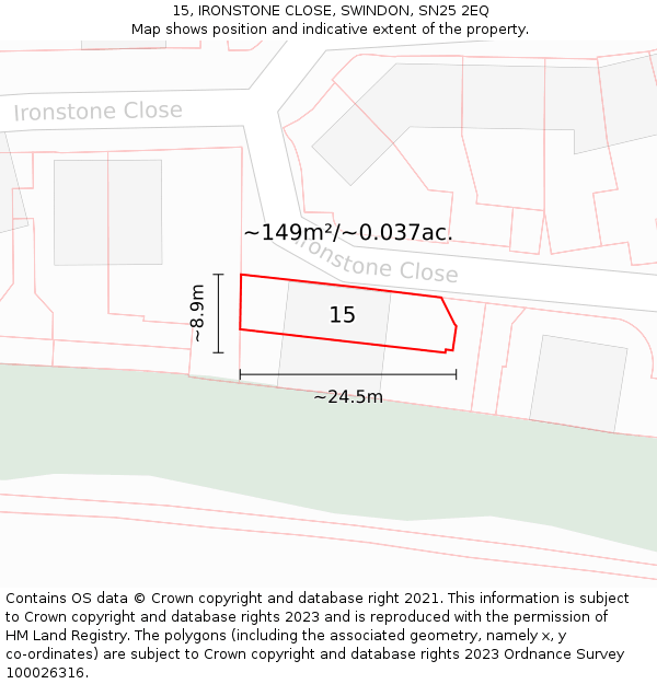15, IRONSTONE CLOSE, SWINDON, SN25 2EQ: Plot and title map