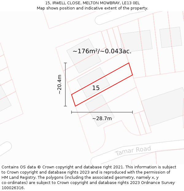 15, IRWELL CLOSE, MELTON MOWBRAY, LE13 0EL: Plot and title map