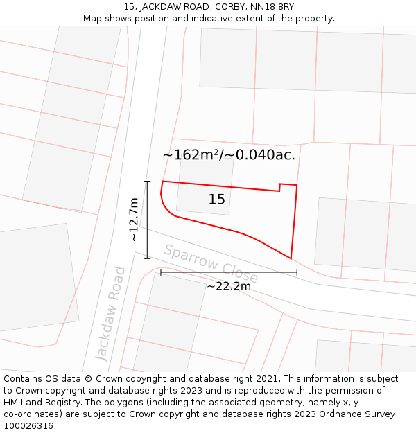 15, JACKDAW ROAD, CORBY, NN18 8RY: Plot and title map