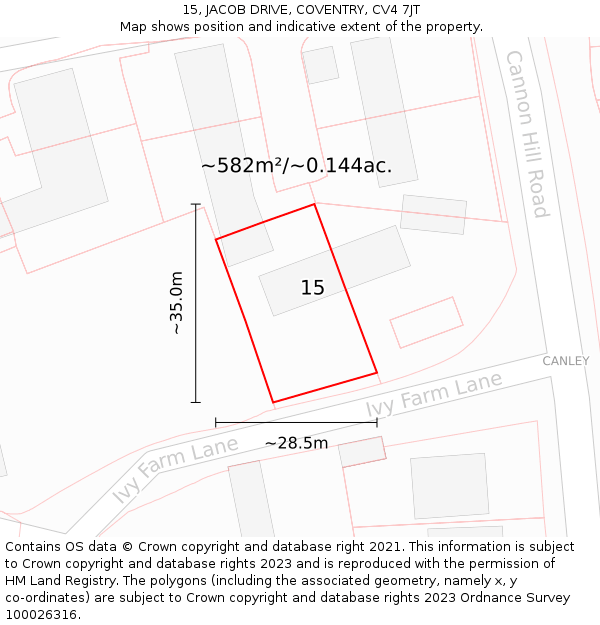 15, JACOB DRIVE, COVENTRY, CV4 7JT: Plot and title map