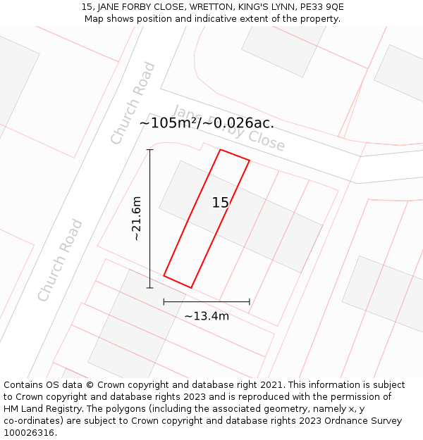 15, JANE FORBY CLOSE, WRETTON, KING'S LYNN, PE33 9QE: Plot and title map