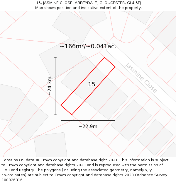 15, JASMINE CLOSE, ABBEYDALE, GLOUCESTER, GL4 5FJ: Plot and title map