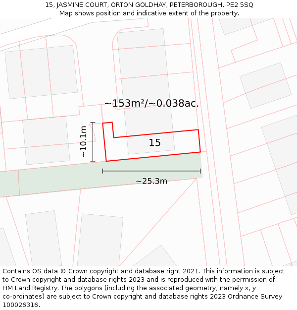 15, JASMINE COURT, ORTON GOLDHAY, PETERBOROUGH, PE2 5SQ: Plot and title map