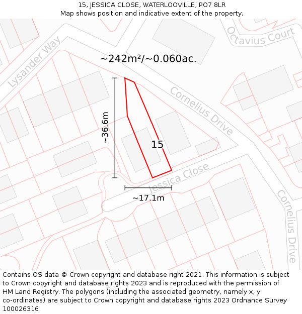 15, JESSICA CLOSE, WATERLOOVILLE, PO7 8LR: Plot and title map