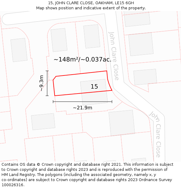 15, JOHN CLARE CLOSE, OAKHAM, LE15 6GH: Plot and title map