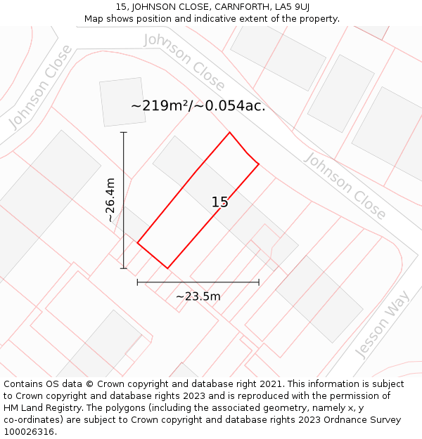 15, JOHNSON CLOSE, CARNFORTH, LA5 9UJ: Plot and title map