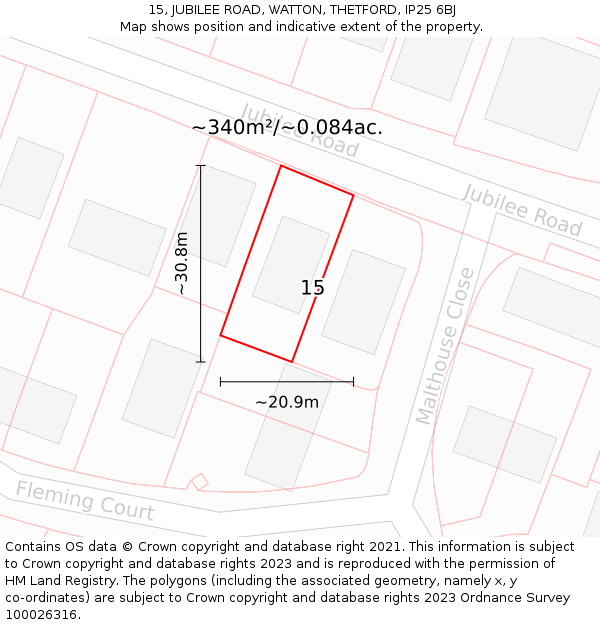 15, JUBILEE ROAD, WATTON, THETFORD, IP25 6BJ: Plot and title map