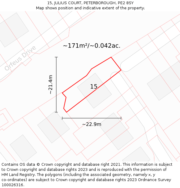 15, JULIUS COURT, PETERBOROUGH, PE2 8SY: Plot and title map