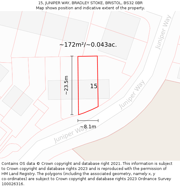 15, JUNIPER WAY, BRADLEY STOKE, BRISTOL, BS32 0BR: Plot and title map