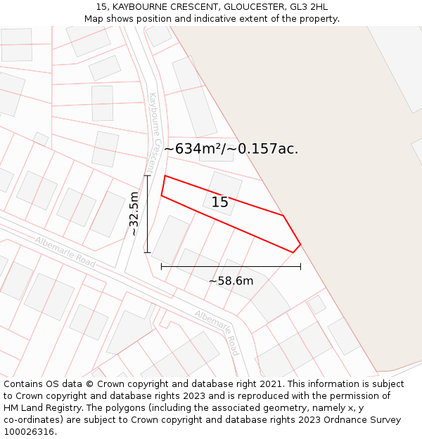 15, KAYBOURNE CRESCENT, GLOUCESTER, GL3 2HL: Plot and title map