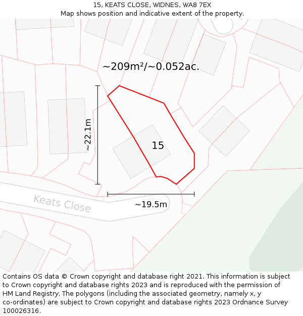 15, KEATS CLOSE, WIDNES, WA8 7EX: Plot and title map