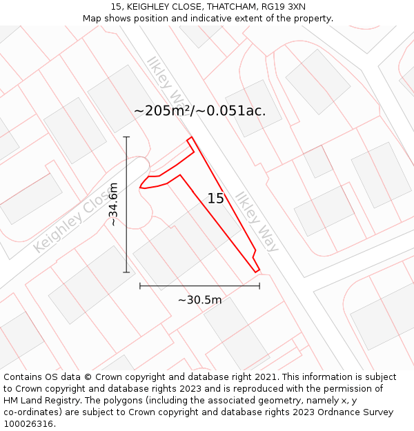 15, KEIGHLEY CLOSE, THATCHAM, RG19 3XN: Plot and title map