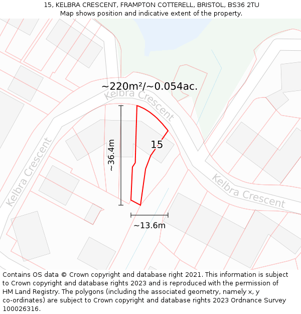 15, KELBRA CRESCENT, FRAMPTON COTTERELL, BRISTOL, BS36 2TU: Plot and title map