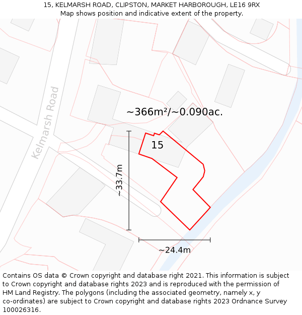 15, KELMARSH ROAD, CLIPSTON, MARKET HARBOROUGH, LE16 9RX: Plot and title map
